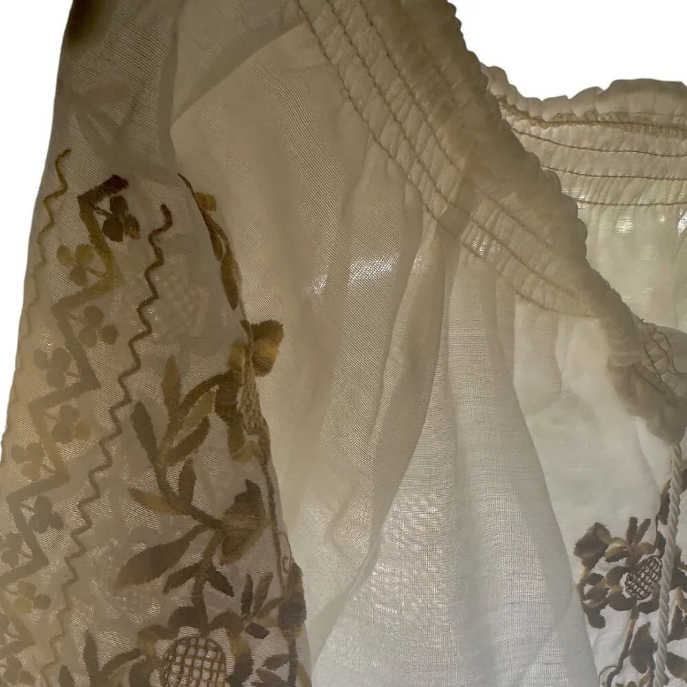 NWOT WOMENS TOP BOHO FLOATY WHITE PEASANT BLOUSE GOLDEN EMBROIDERY COTTAGECORE M - Picture 8 of 10